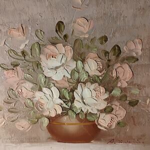 Original Vintage Floral Oil Painting Gold Framed 20x16 Impasto Roses Signed Art